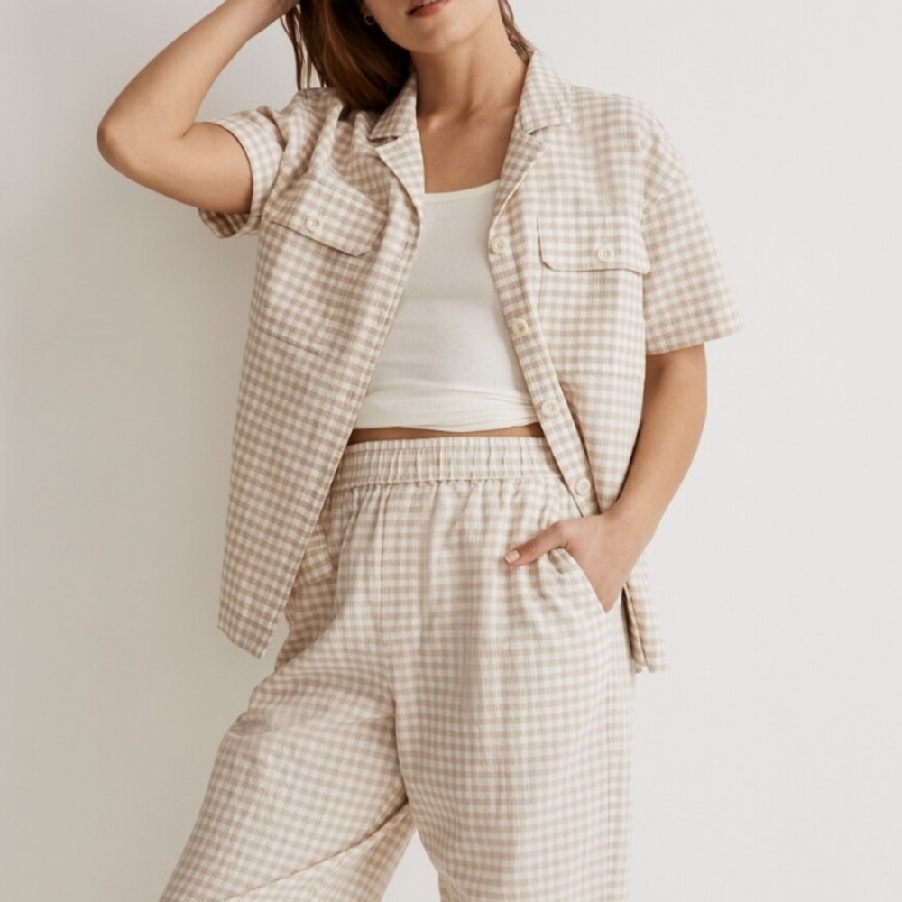 Madewell Tan Gingham Plaid Boxy Button Down Short Sleeve Camp Shirt